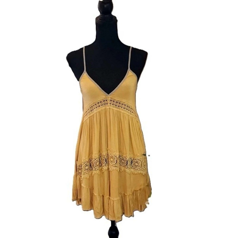 NWT POL Mustard Yellow Lace Crochet Slip Dress Boho Festival Tunic Sun Dress S